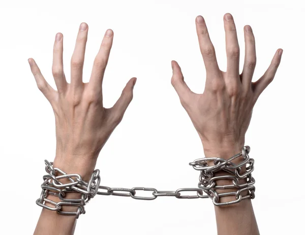 Social theme: hands tied a metal chain on a white background — Stock Photo, Image