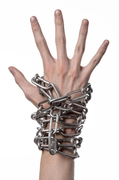 Społecznej tematu: ręce związane łańcuch metal na białym tle — Zdjęcie stockowe