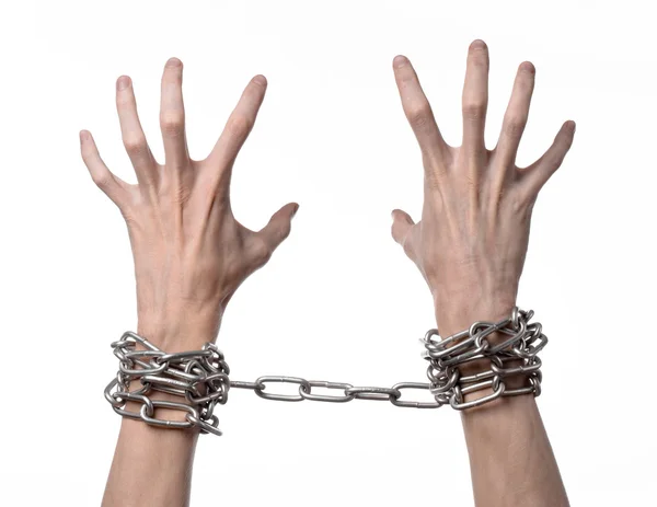 Social theme: hands tied a metal chain on a white background — Stock Photo, Image