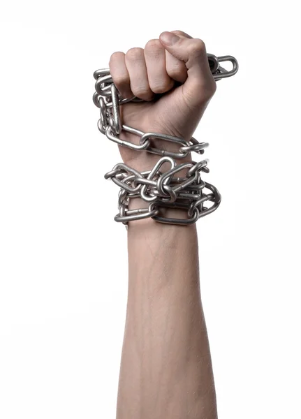 Temă socială: mâinile legate un lanț metalic pe un fundal alb — Fotografie, imagine de stoc