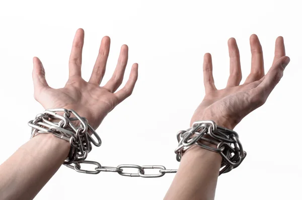 Social theme: hands tied a metal chain on a white background — Stock Photo, Image