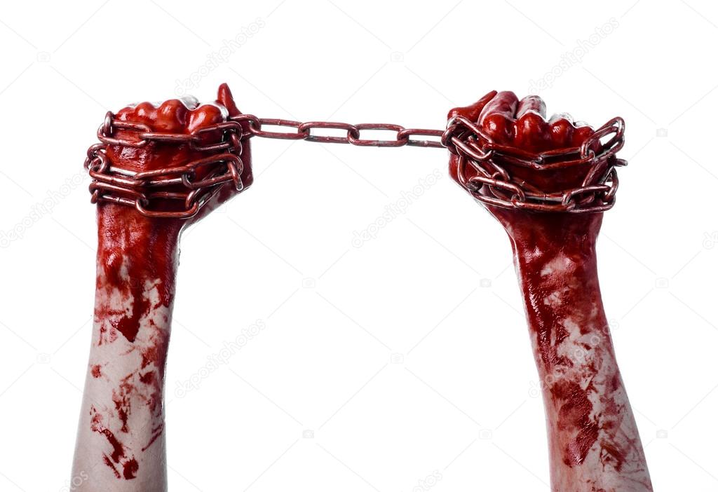 bloody hand holding chain, bloody chain, halloween theme, white background, isolated, killer, fan, crazy