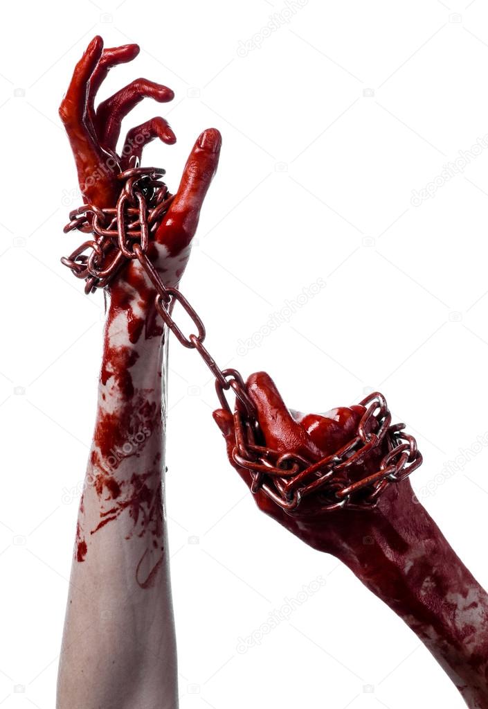 bloody hand holding chain, bloody chain, halloween theme, white background, isolated, killer, fan, crazy