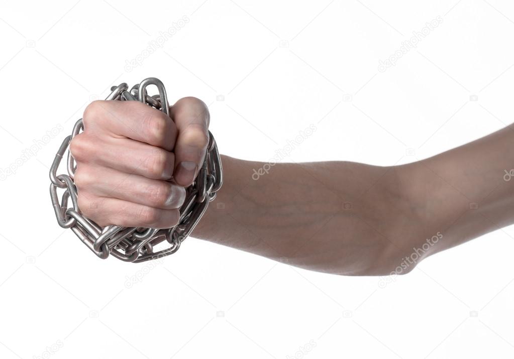 Social theme: hands tied a metal chain on a white background