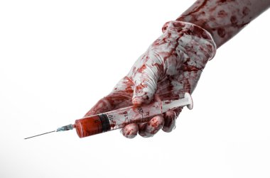 Kanlı bir şırınga, Doktor, kanlı şırınga, büyük şırınga, Doktor katil, deli doktor, kanlı eldiven, kanlı Tema, beyaz arka plan, kanlı eller izole tutmak el