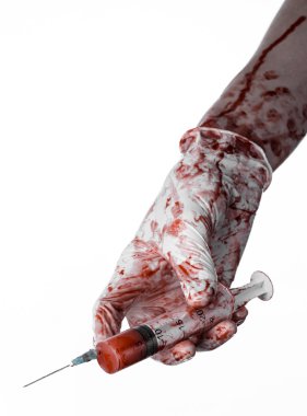 Kanlı bir şırınga, Doktor, kanlı şırınga, büyük şırınga, Doktor katil, deli doktor, kanlı eldiven, kanlı Tema, beyaz arka plan, kanlı eller izole tutmak el