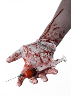 Kanlı bir şırınga, Doktor, kanlı şırınga, büyük şırınga, Doktor katil, deli doktor, kanlı eldiven, kanlı Tema, beyaz arka plan, kanlı eller izole tutmak el