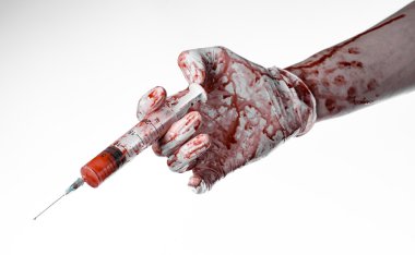 Kanlı bir şırınga, Doktor, kanlı şırınga, büyük şırınga, Doktor katil, deli doktor, kanlı eldiven, kanlı Tema, beyaz arka plan, kanlı eller izole tutmak el