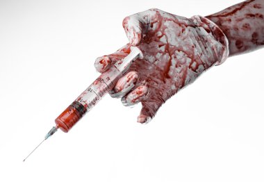 Kanlı bir şırınga, Doktor, kanlı şırınga, büyük şırınga, Doktor katil, deli doktor, kanlı eldiven, kanlı Tema, beyaz arka plan, kanlı eller izole tutmak el