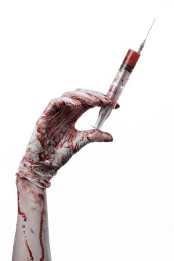 Kanlı bir şırınga, Doktor, kanlı şırınga, büyük şırınga, Doktor katil, deli doktor, kanlı eldiven, kanlı Tema, beyaz arka plan, kanlı eller izole tutmak el