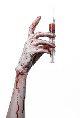 Kanlı bir şırınga, Doktor, kanlı şırınga, büyük şırınga, Doktor katil, deli doktor, kanlı eldiven, kanlı Tema, beyaz arka plan, kanlı eller izole tutmak el