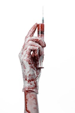 Kanlı bir şırınga, Doktor, kanlı şırınga, büyük şırınga, Doktor katil, deli doktor, kanlı eldiven, kanlı Tema, beyaz arka plan, kanlı eller izole tutmak el