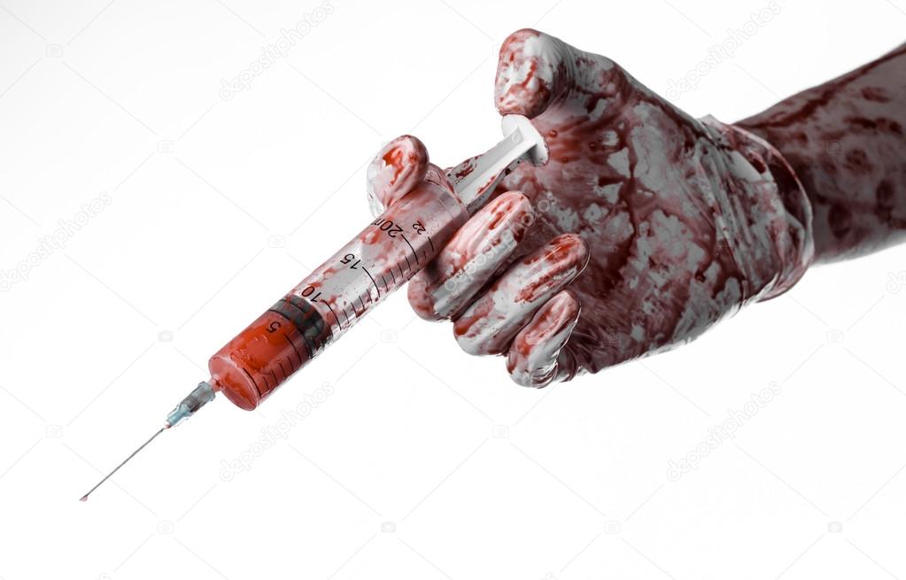 Bloody hand holding a syringe, bloody hands of the doctor, bloody syringe, large syringe, doctor killer, mad doctor, bloody gloves, bloody theme, white background, isolated