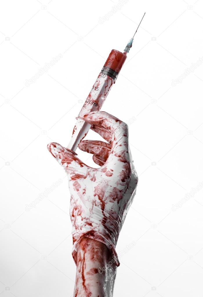 Bloody hand holding a syringe, bloody hands of the doctor, bloody syringe, large syringe, doctor killer, mad doctor, bloody gloves, bloody theme, white background, isolated