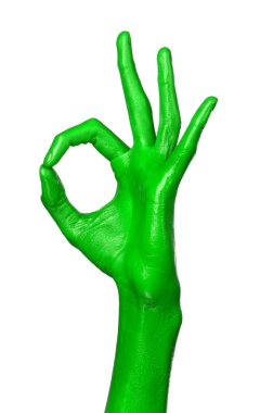 Yeşil el izole, beyaz arka plan üzerinde boya