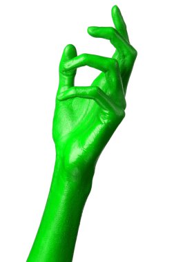 Yeşil el izole, beyaz arka plan üzerinde boya