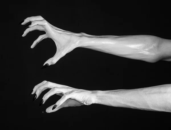 White hands of death with black nails, white death, the devil's hands, the hands of a demon, white skin, halloween theme, black background, isolated — Stock Photo, Image