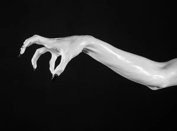 Mains blanches de la mort avec des ongles noirs, mort blanche, les mains du diable, les mains d'un démon, peau blanche, thème halloween, fond noir, isolé — Photo