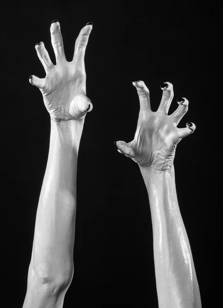 Mains blanches de la mort avec des ongles noirs, mort blanche, les mains du diable, les mains d'un démon, peau blanche, thème halloween, fond noir, isolé — Photo