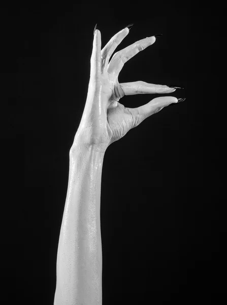 Mains blanches de la mort avec des ongles noirs, mort blanche, les mains du diable, les mains d'un démon, peau blanche, thème halloween, fond noir, isolé — Photo