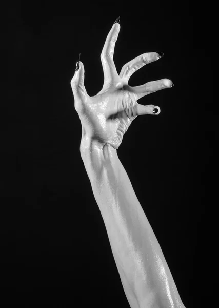 Mains blanches de la mort avec des ongles noirs, mort blanche, les mains du diable, les mains d'un démon, peau blanche, thème halloween, fond noir, isolé — Photo