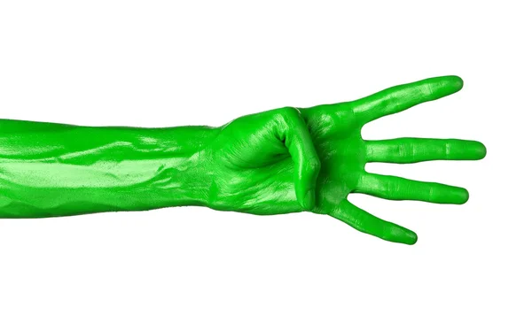 Green hand on white background, isolated, paint — Stock Photo, Image