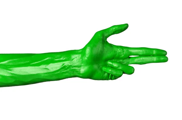 Mano verde sobre fondo blanco, aislado, pintura — Foto de Stock