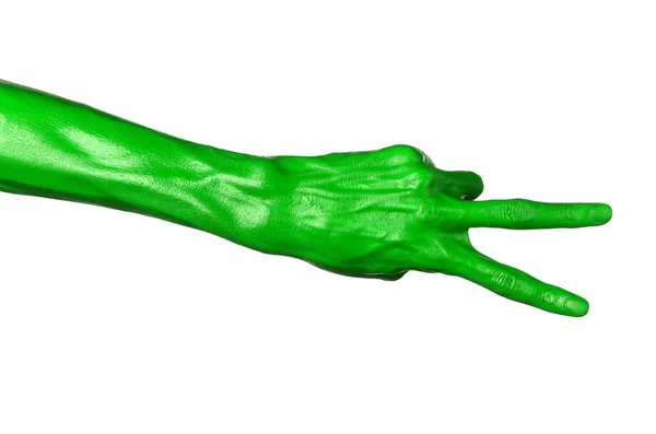 Green ręka na białym tle, na białym tle, farby — Zdjęcie stockowe