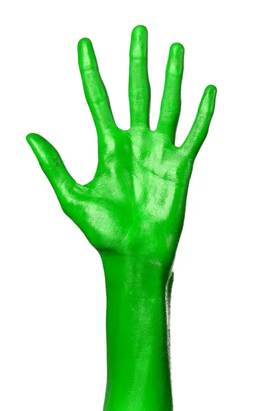 Groene hand op witte achtergrond, geïsoleerd, verf — Stockfoto