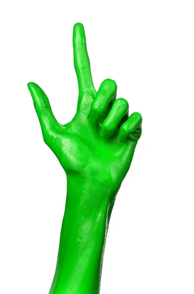 Groene hand op witte achtergrond, geïsoleerd, verf — Stockfoto