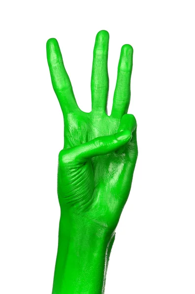 Mão verde sobre fundo branco, isolado, pintura — Fotografia de Stock