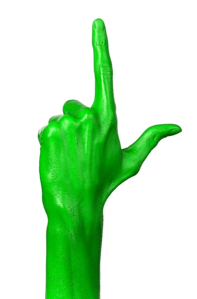 Mano verde su sfondo bianco, isolato, vernice — Foto Stock