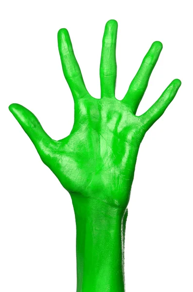 Grüne Hand auf weißem Hintergrund, isoliert, Farbe — Stockfoto