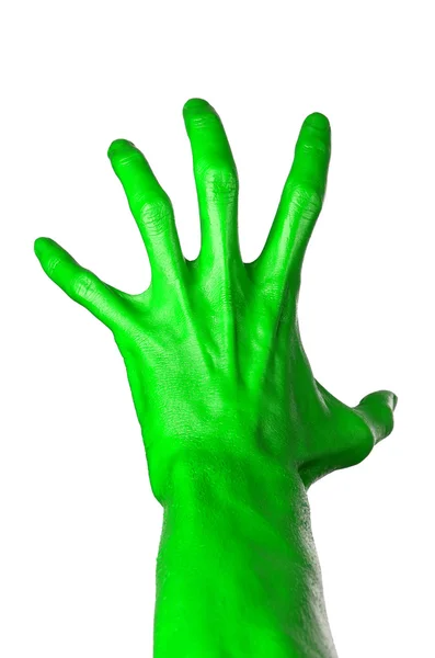 Groene hand op witte achtergrond, geïsoleerd, verf — Stockfoto