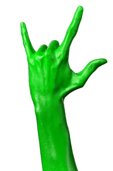 Grüne Hand auf weißem Hintergrund, isoliert, Farbe — Stockfoto