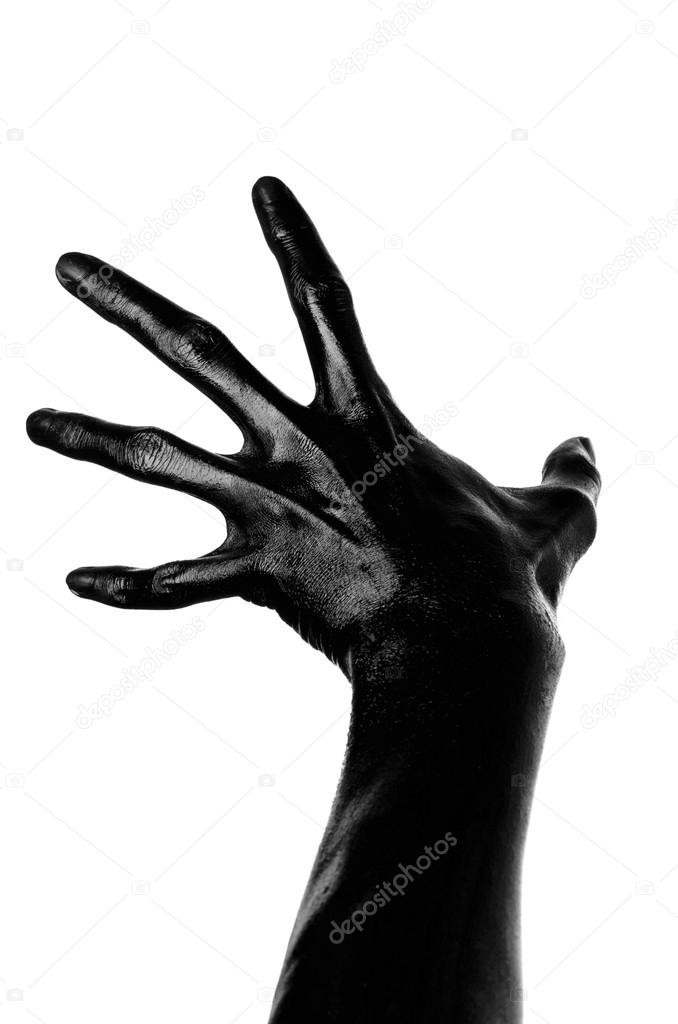 Black hand on white background, isolated, paint