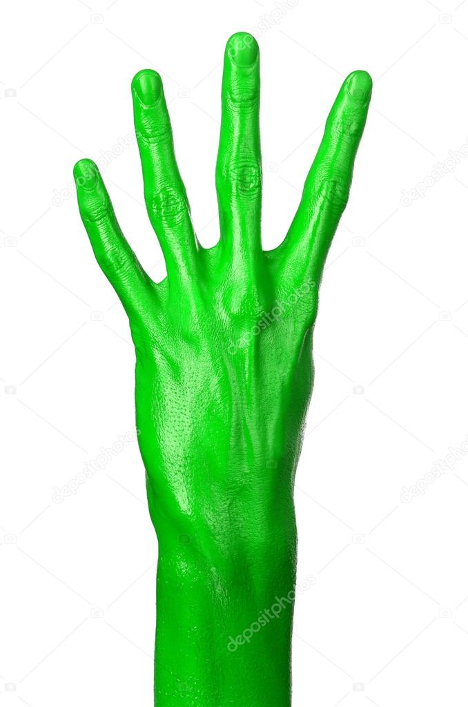 Green hand on white background, isolated, paint