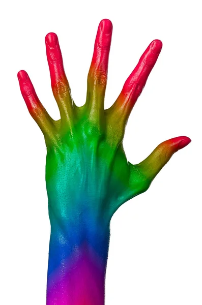 Rainbow hand on white background, isolated, paint — Stock Photo, Image