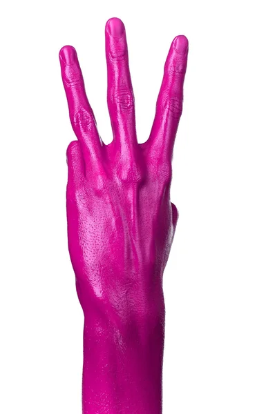 Mão rosa sobre fundo branco, isolado, pintura — Fotografia de Stock