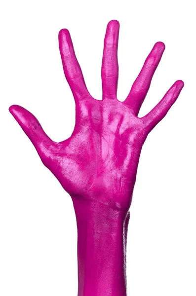 Roze hand op witte achtergrond, geïsoleerd, verf — Stockfoto