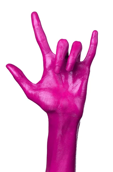 Roze hand op witte achtergrond, geïsoleerd, verf — Stockfoto