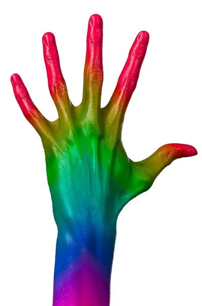 Rainbow hand on white background, isolated, paint — Stock Photo, Image