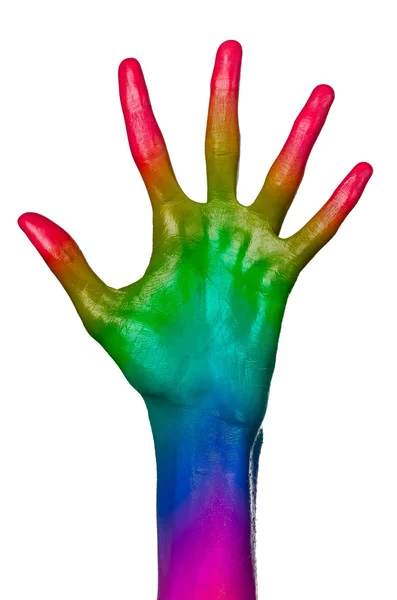 Rainbow hand on white background, isolated, paint — Stock Photo, Image