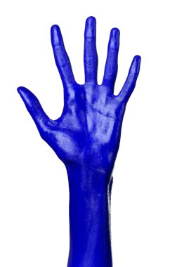 Mavi el izole, beyaz arka plan üzerinde boya