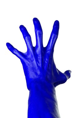 Blue hand on white background, isolated, paint clipart