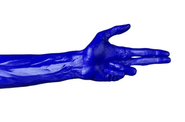 Синяя рука на белом фоне, изолированная, краска — стоковое фото