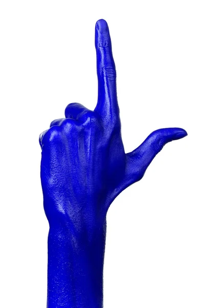 Mano azul sobre fondo blanco, aislado, pintura —  Fotos de Stock