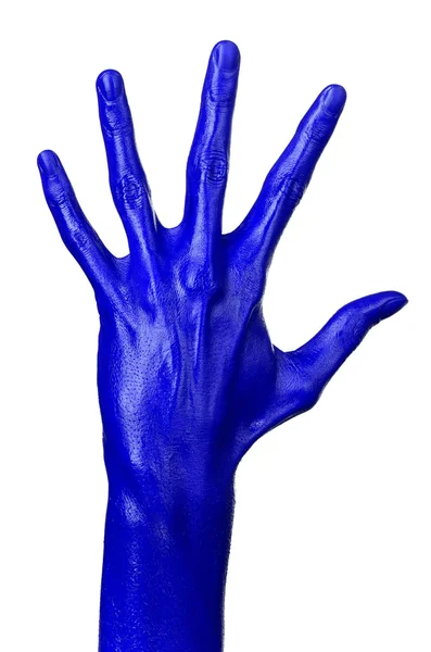 Mão azul sobre fundo branco, isolado, pintura — Fotografia de Stock