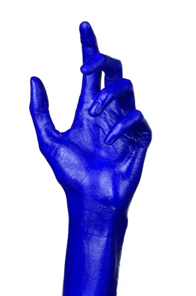 Синяя рука на белом фоне, изолированная, краска — стоковое фото