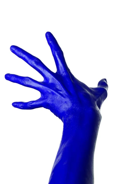 Blauwe hand op witte achtergrond, geïsoleerd, verf — Stockfoto